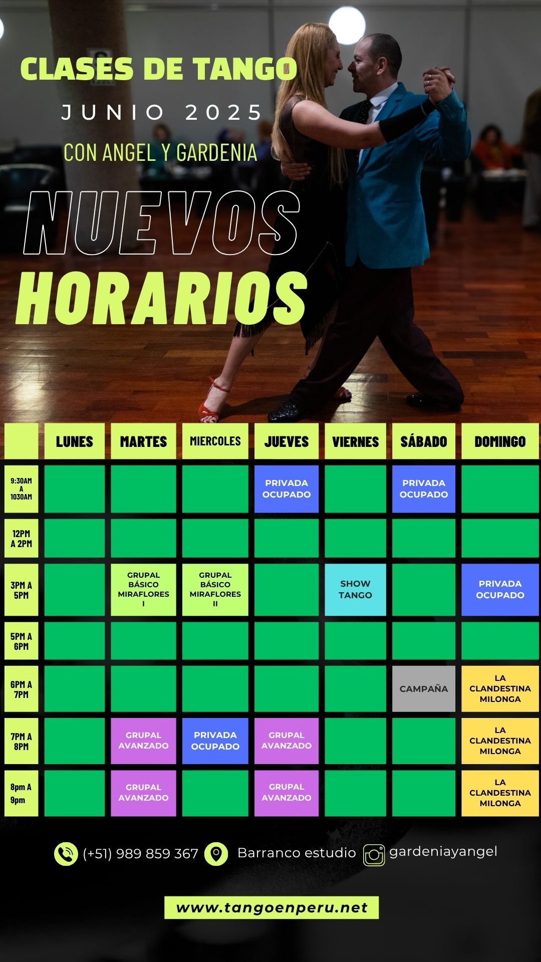 Junio 2025 HORARIOS TANGO(3) Horarios disponibles para clases de Tango Angel y Gardenia