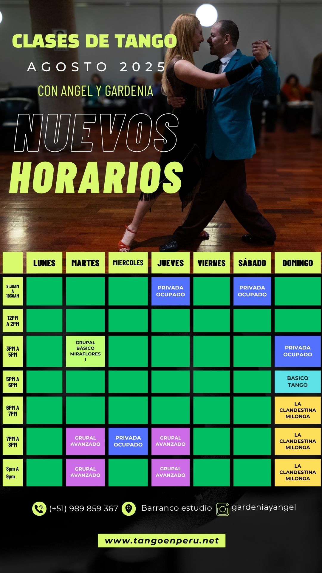 Horarios disponibles para clases de Tango Angel y Gardenia