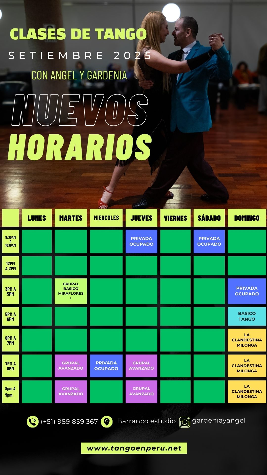 Setiembre 2025 HORARIOS TANGO Horarios disponibles para clases de Tango Angel y Gardenia
